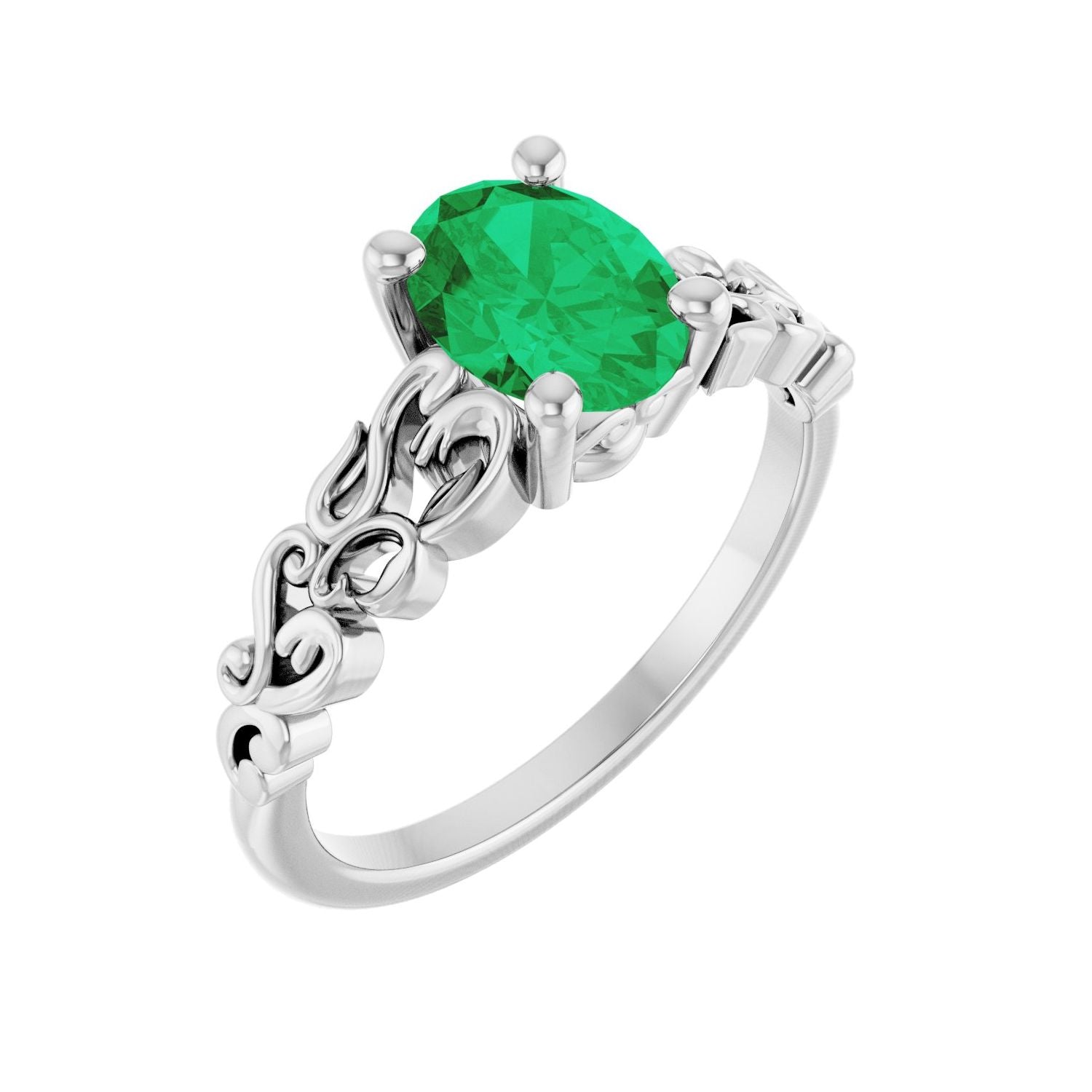 Oval Emerald Sculptural Solitaire Petite Engagement Ring in 14K White Gold