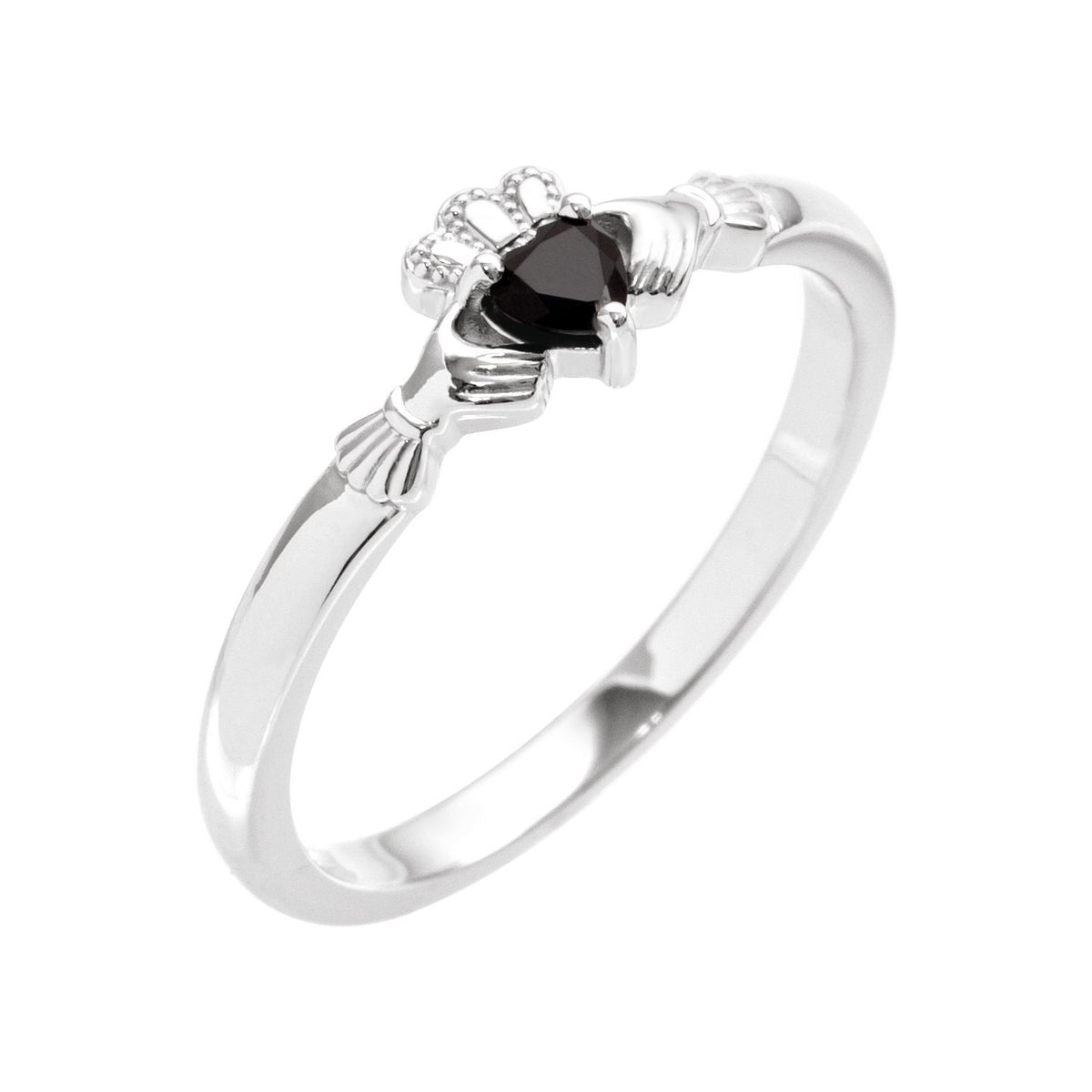 Black Onyx Claddagh Ring in 14K White Gold - natural black onyx