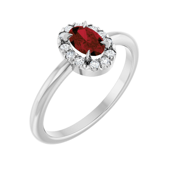 Oval-Cut Garnet & Diamond French-Set Halo Ring (1/10 ctw) in 14K White Gold