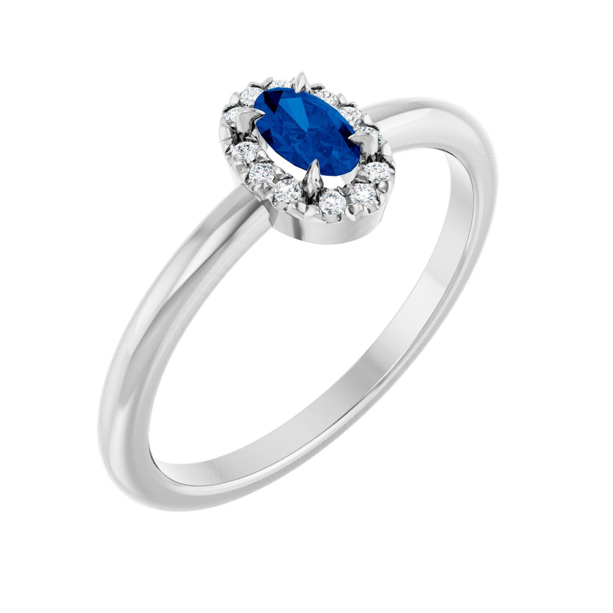 Oval-Cut Blue Sapphire & Diamond French-Set Halo Ring (.05 ctw) in 14K White Gold