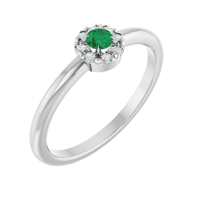 Natural Emerald & Diamond French-Set Halo Ring (.03 ctw) in 14K White Gold