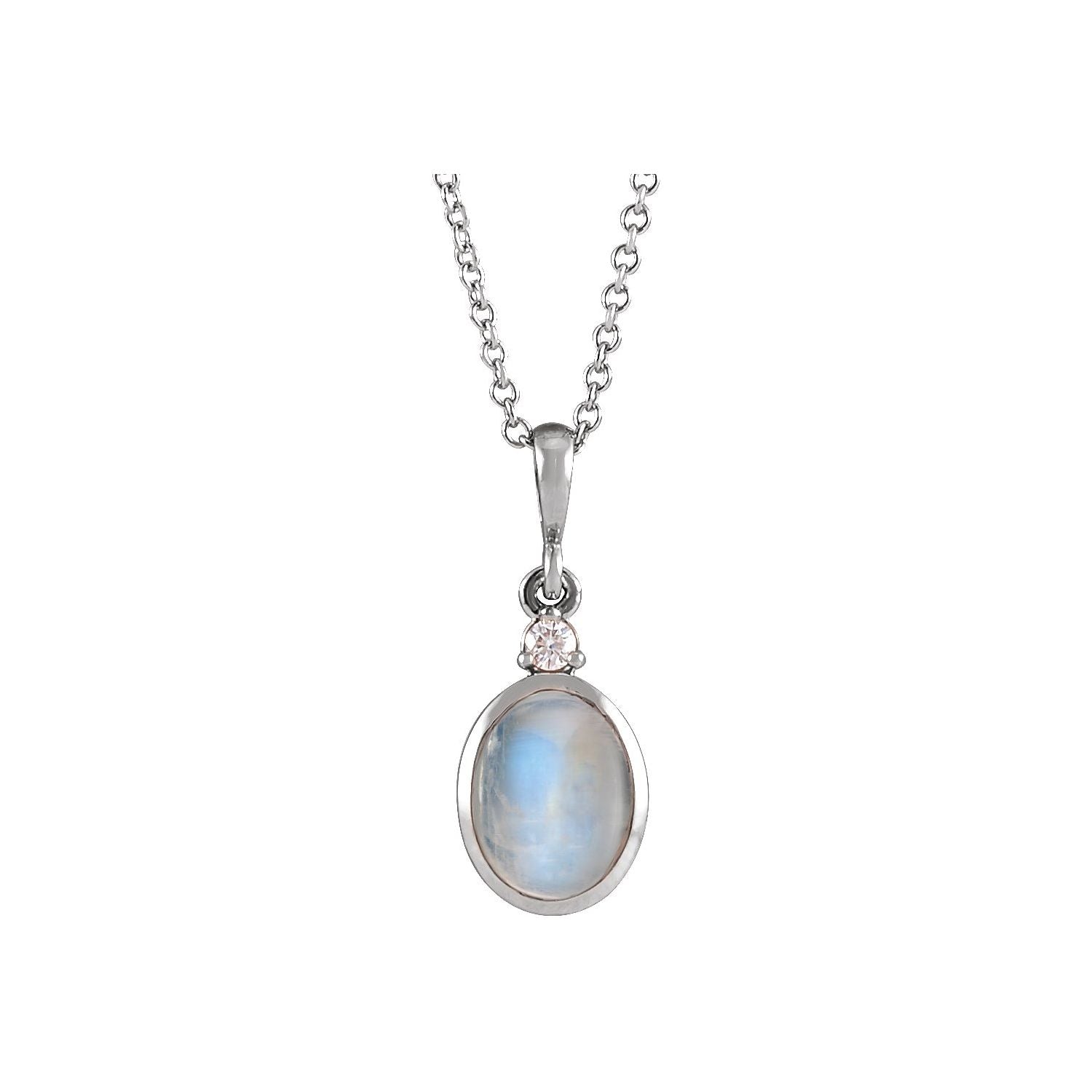 rainbow moonstone oval cabochon bezel necklace with diamond accent, 14K White Gold