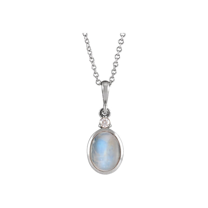 rainbow moonstone oval cabochon bezel necklace with diamond accent, 14K White Gold