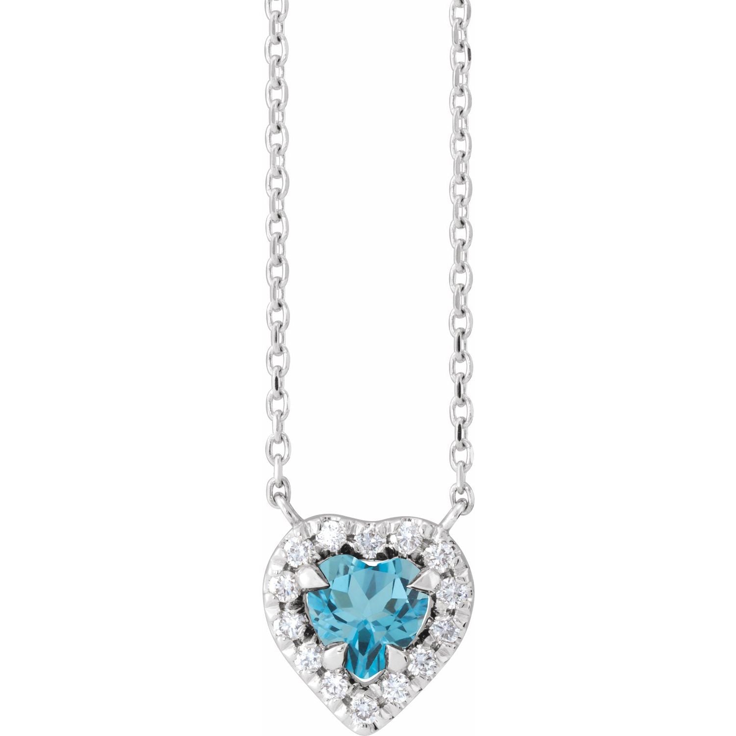 blue topaz and diamond french-set halo heart pendant, 14K White Gold