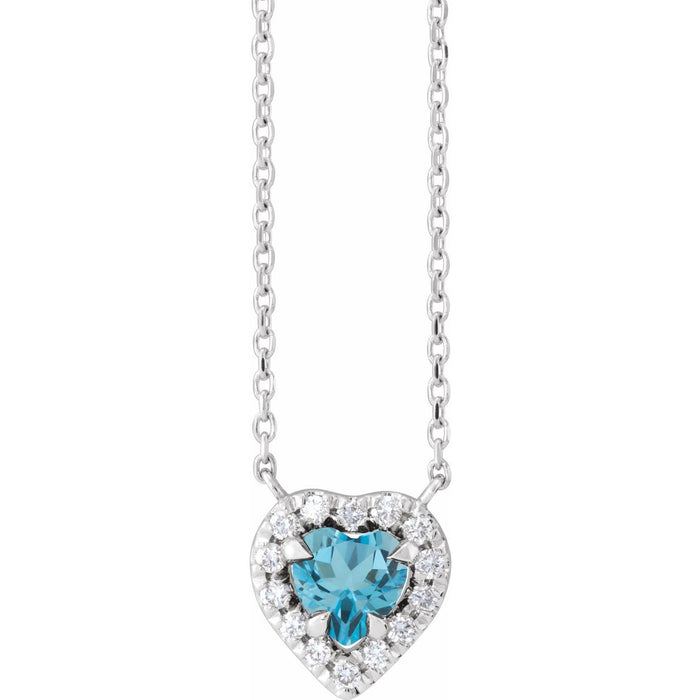 blue topaz and diamond french-set halo heart pendant, 14K White Gold