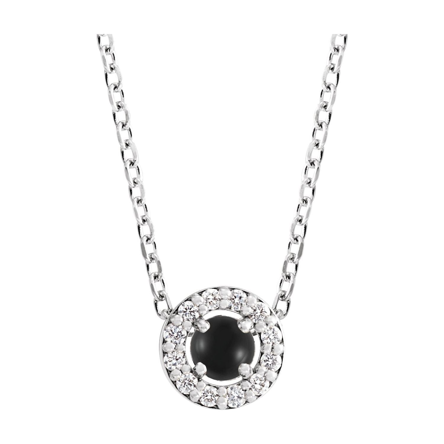 14K White Gold Onyx Cabochon & Diamond Halo Necklace