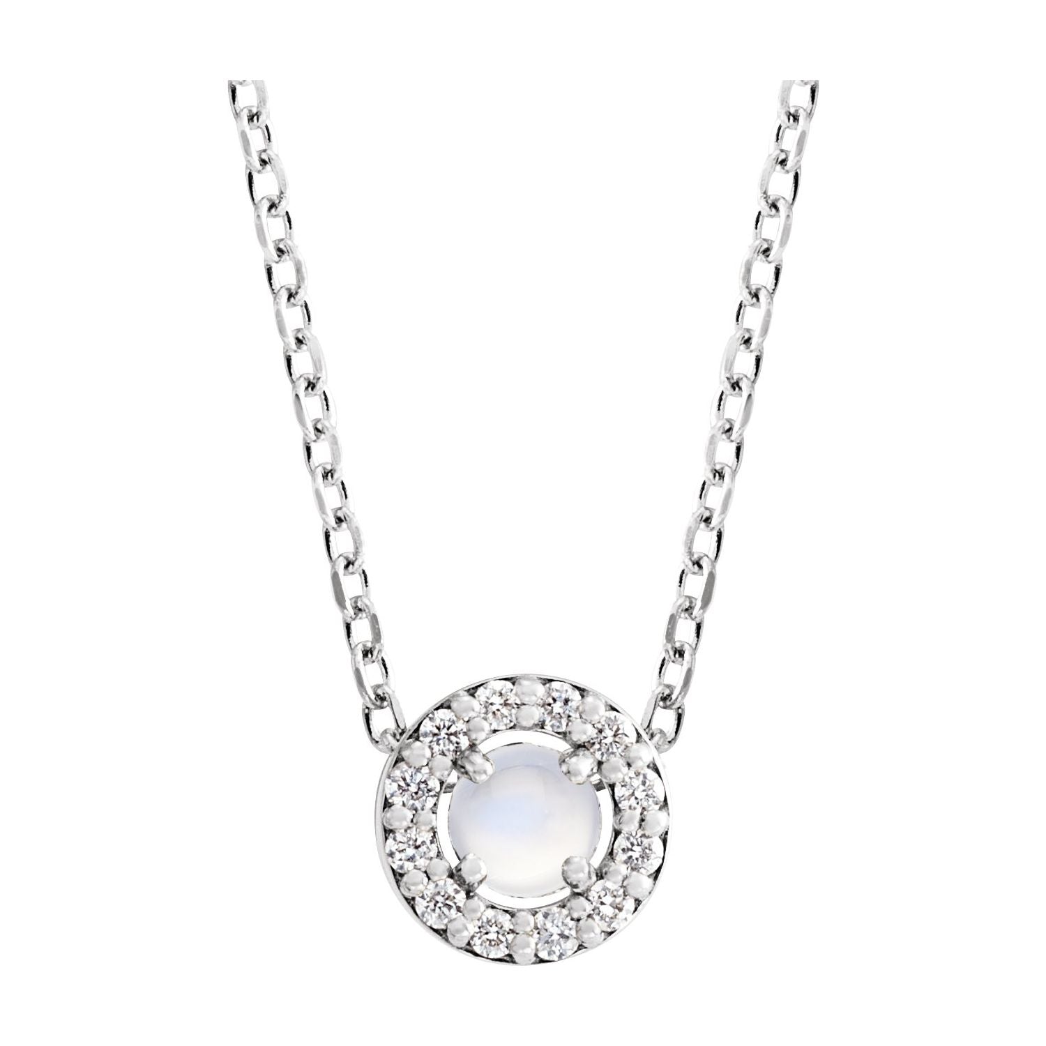 14K White Gold Cabochon Rainbow Moonstone & Diamond Frame Necklace