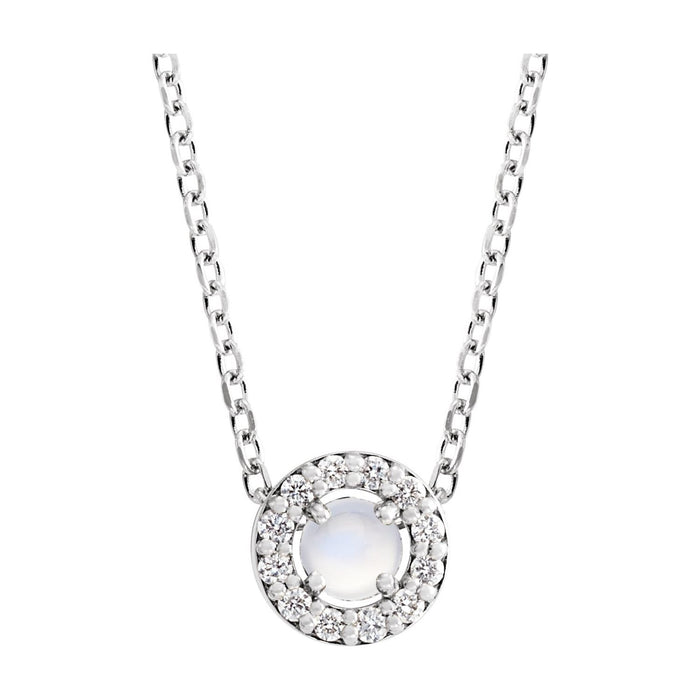 14K White Gold Cabochon Rainbow Moonstone & Diamond Frame Necklace