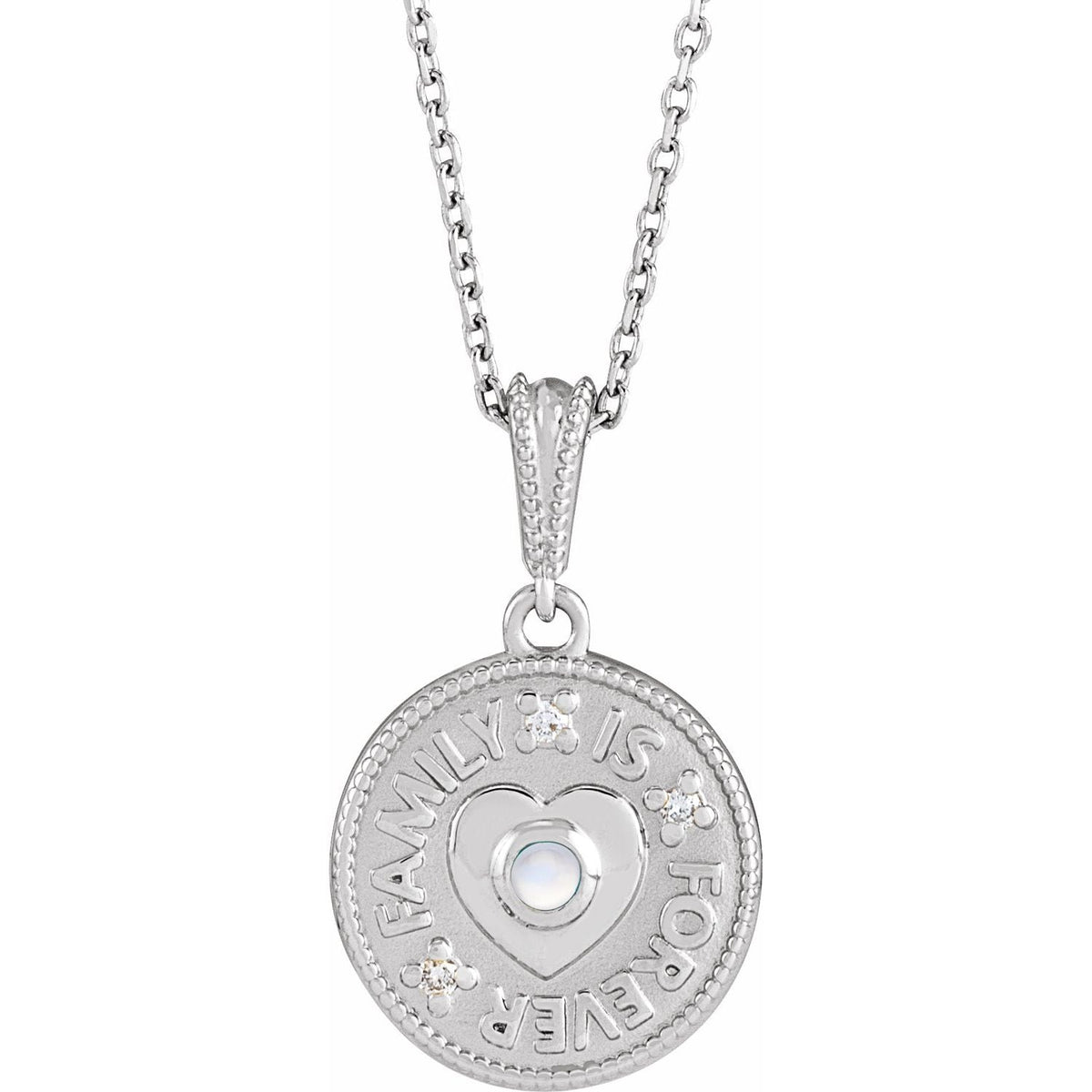 Rainbow Moonstone Pendant, Family Is Forever Medallion