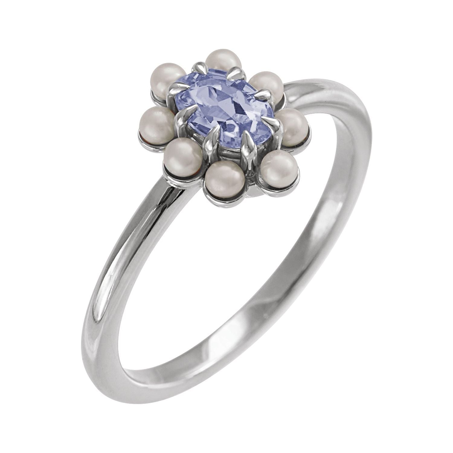 Natural Tanzanite & Cultured Seed Pearl Halo Ring in 14K White Gold - natural tanzanite