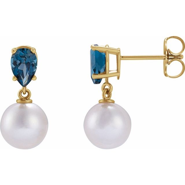 akoya pearl & tanzanite drop earrings in 14k yellow gold