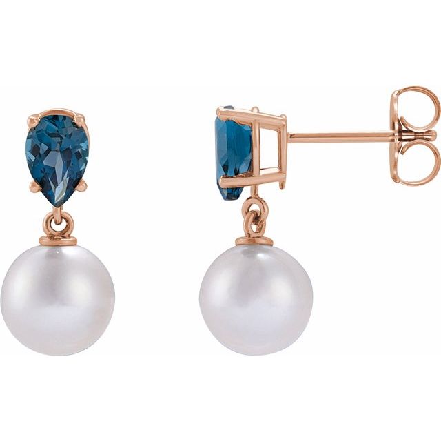 akoya pearl & tanzanite drop earrings in 14k rose gold