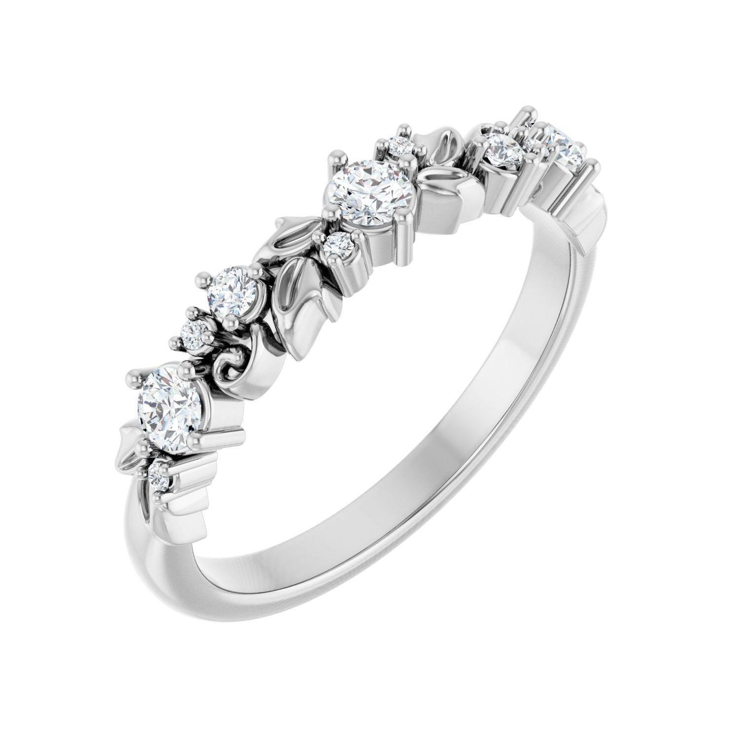 White Gold floral vine diamond anniversary band with scattered round diamonds and sculpted leaves