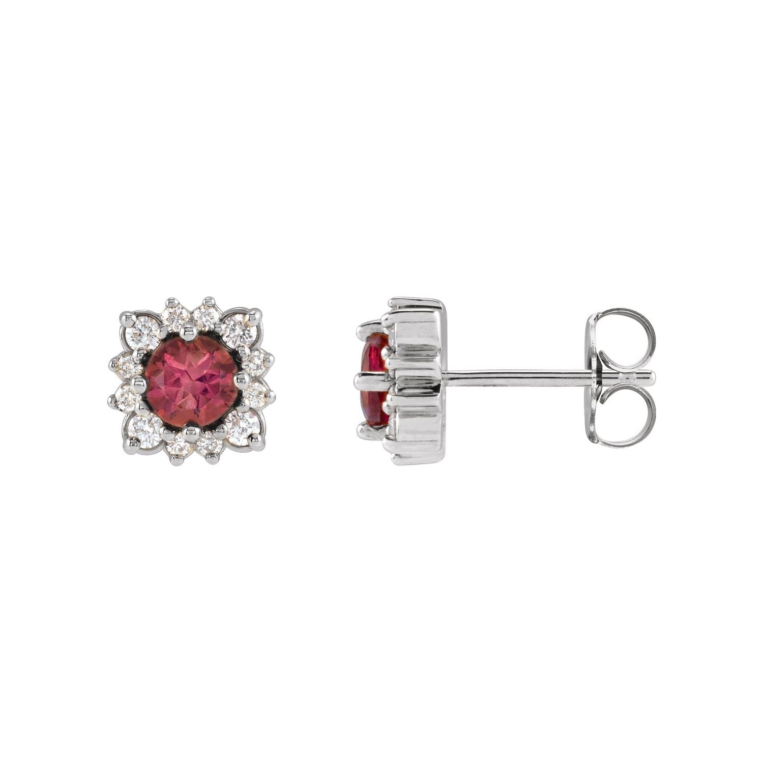 14K White Gold natural pink tourmaline round earrings