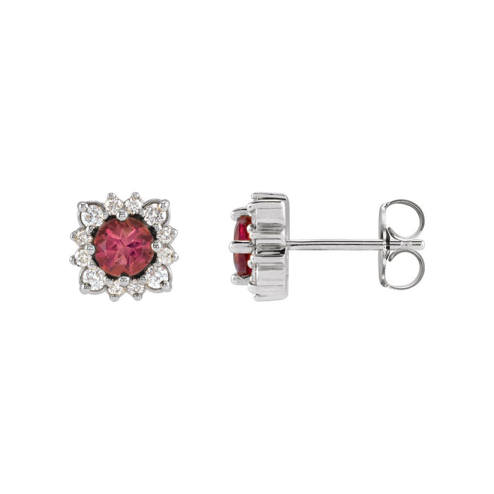 14K White Gold natural pink tourmaline round earrings