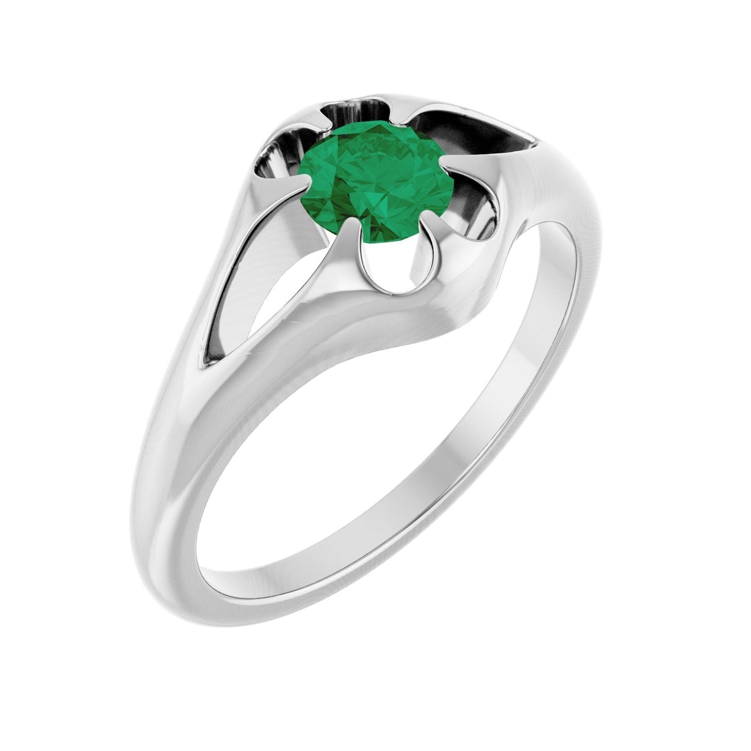 Natural Emerald Belcher Ring in 14K White Gold