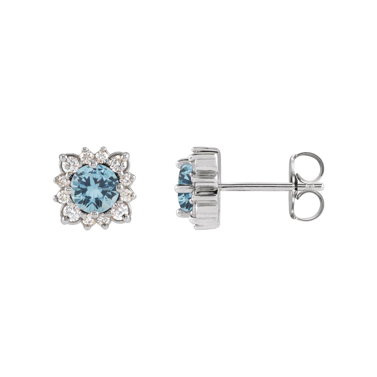 14K White Gold natural aquamarine round earrings