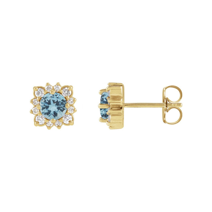 Diamond Halo Stud Natural Aquamarine Earrings (1/12 ct) in 14K Yellow Gold