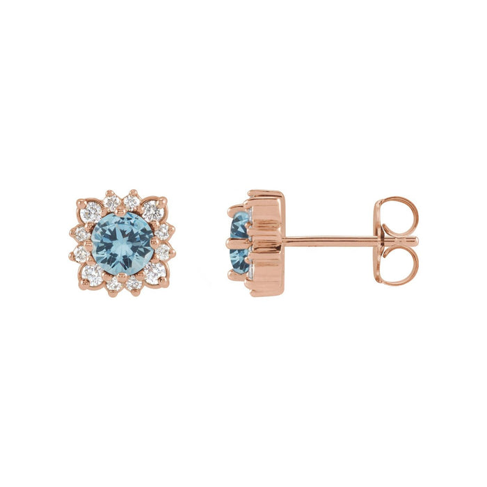 Diamond Halo Stud Natural Aquamarine Earrings (1/12 ct) in 14K Rose Gold