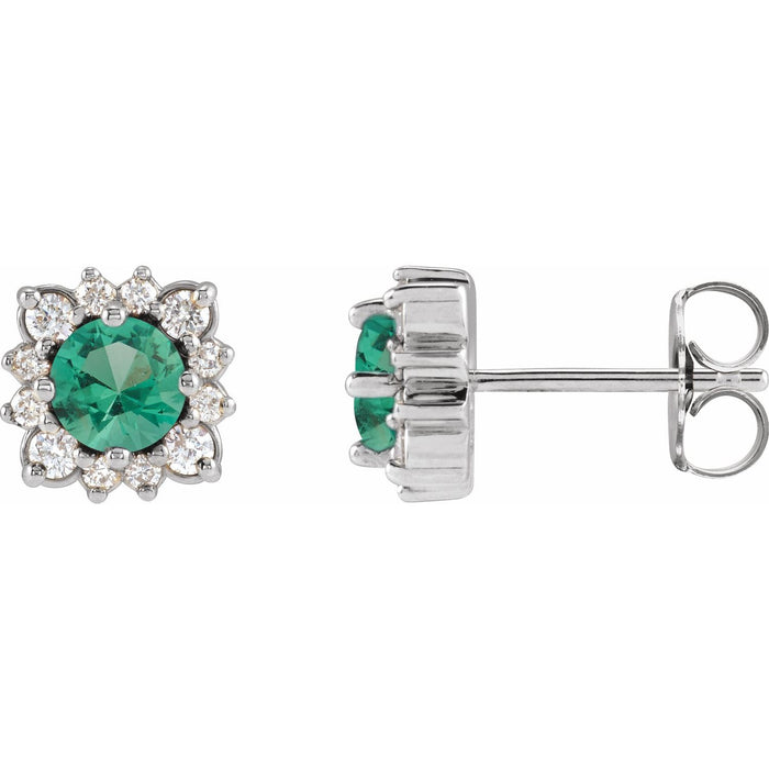 14K White Gold round natural emerald halo stud earrings