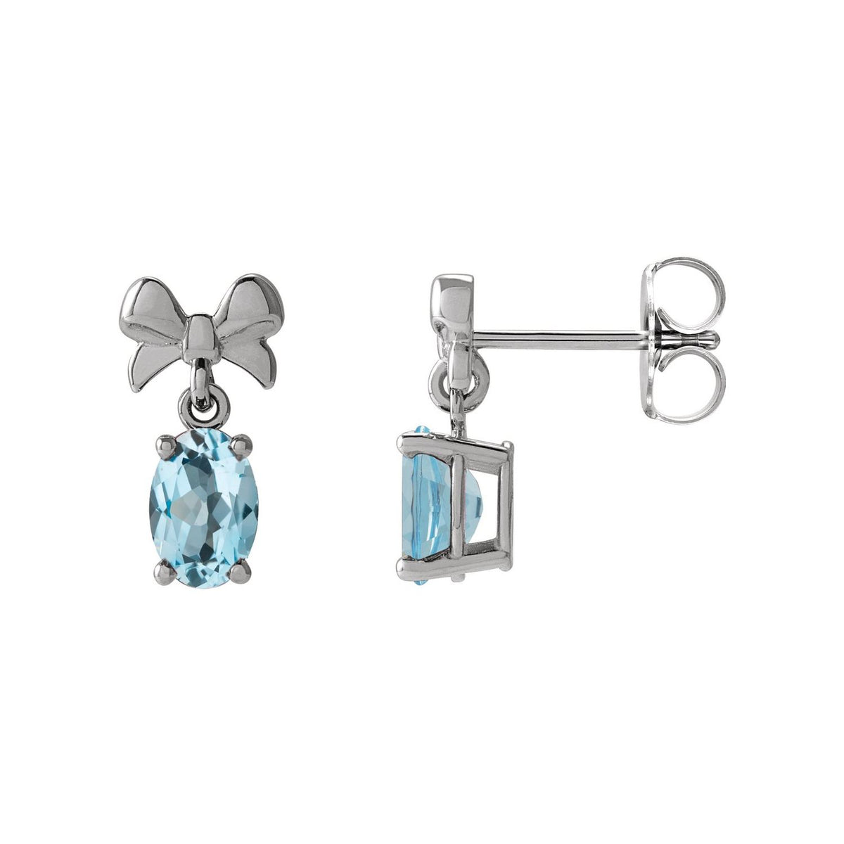 14K White Gold oval Sky blue topaz bow drop earrings