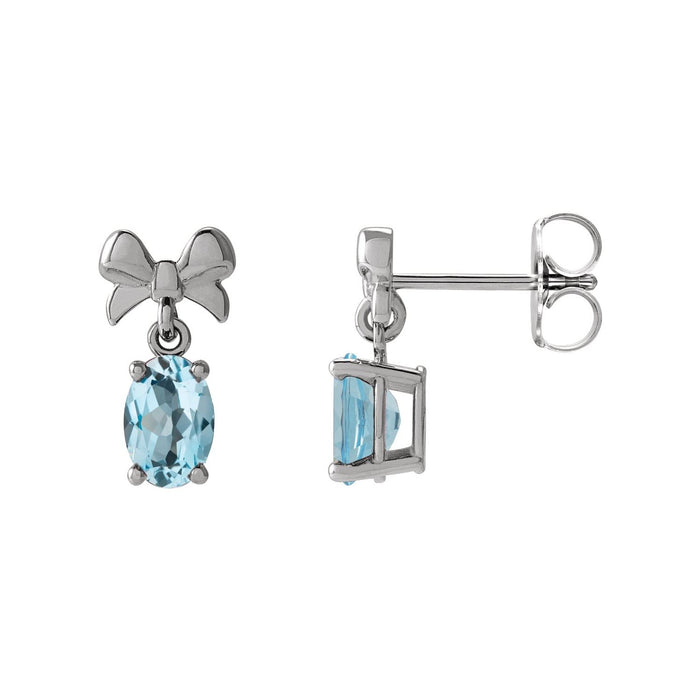 14K White Gold oval Sky blue topaz bow drop earrings