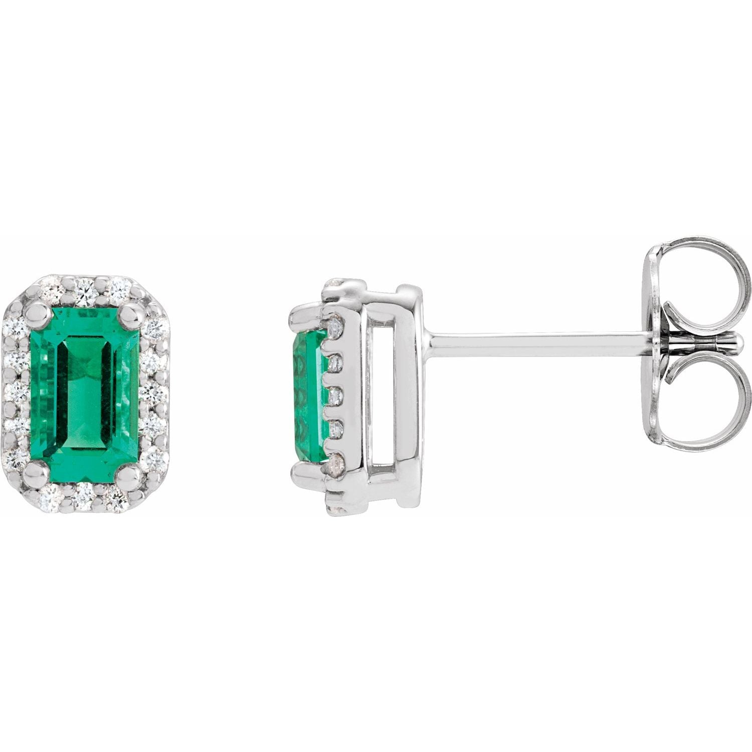 14K White Gold emerald-cut lab-grown emerald halo stud earrings