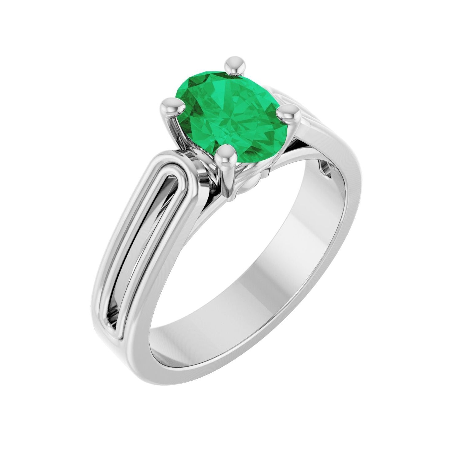 Oval Emerald Solitaire Slim-Band Engagement Ring in 14K White Gold