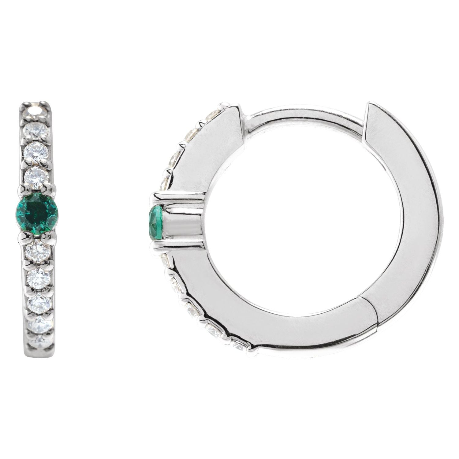 14K White Gold round lab-grown emerald hoop earrings