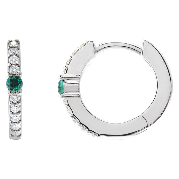 14K White Gold round lab-grown emerald hoop earrings
