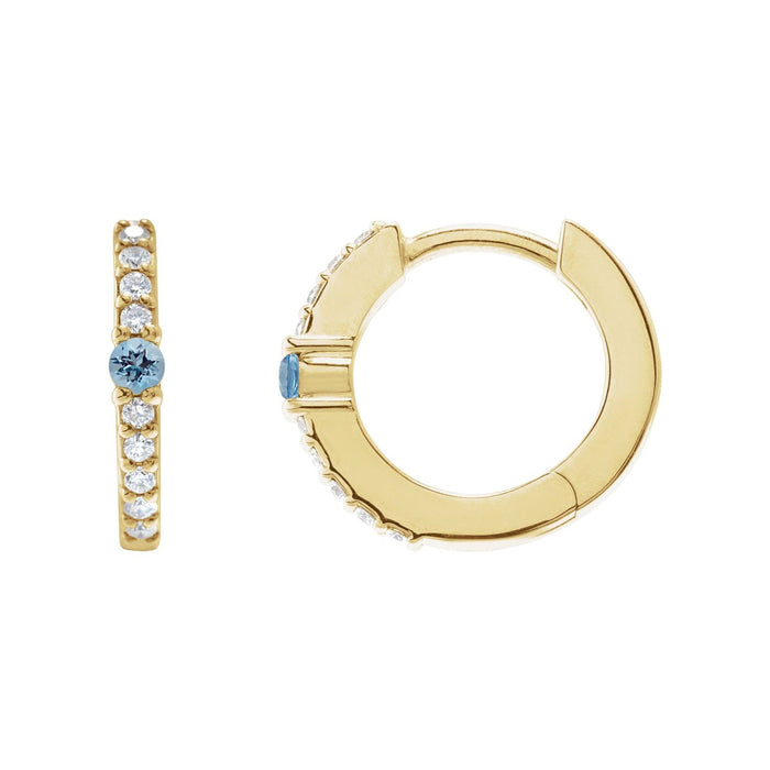 Diamond Hoop Natural Aquamarine Earrings (1/8 ct, 13.6 mm) in 14K Yellow Gold