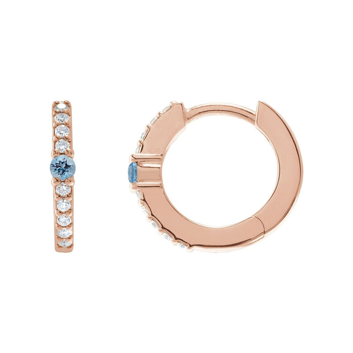 Diamond Hoop Natural Aquamarine Earrings (1/8 ct, 13.6 mm) in 14K Rose Gold