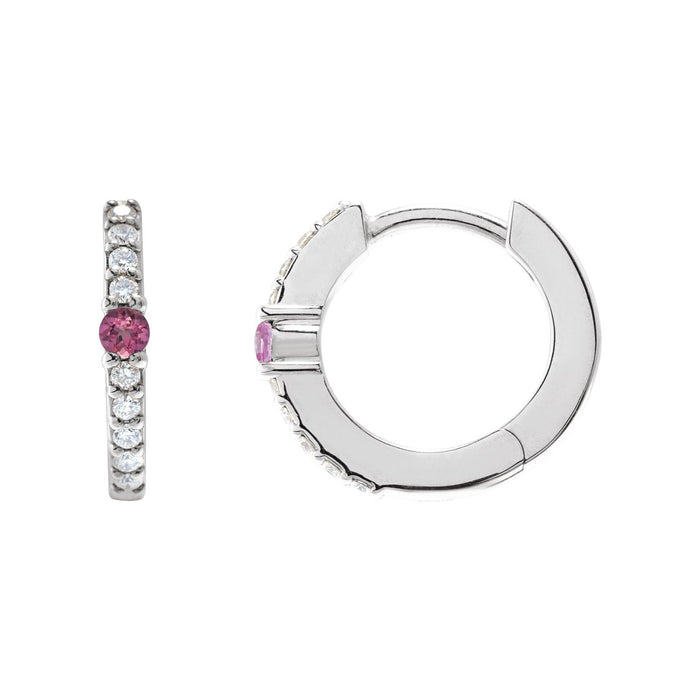 14K White Gold natural pink tourmaline round hoop earrings