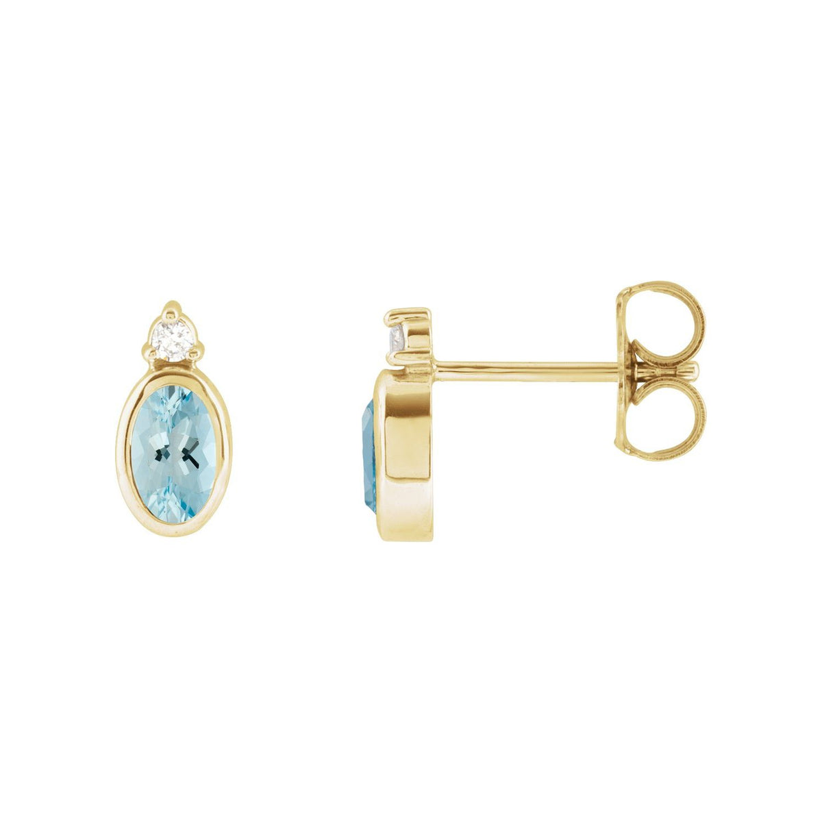 14K Yellow Gold natural aquamarine oval diamond accent stud earrings