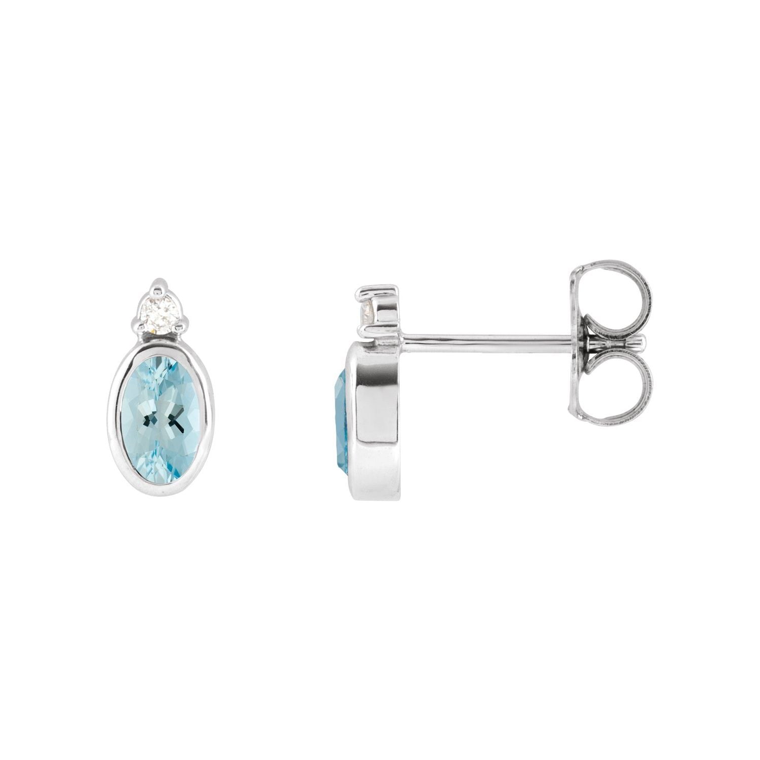 14K White Gold natural aquamarine oval diamond accent stud earrings