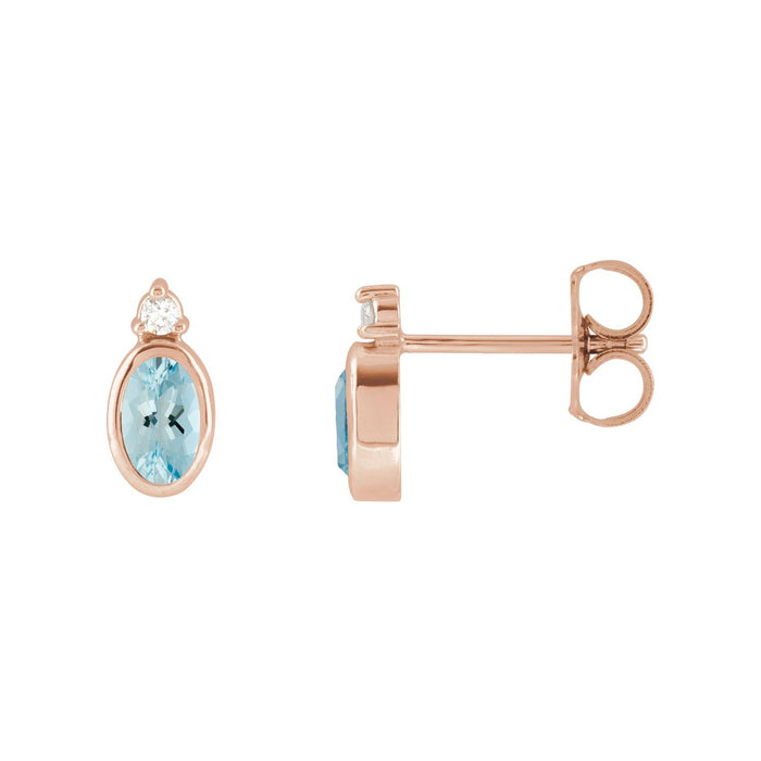 Diamond Accent Stud Natural Aquamarine Earrings (.03 ct) in 14K Rose Gold