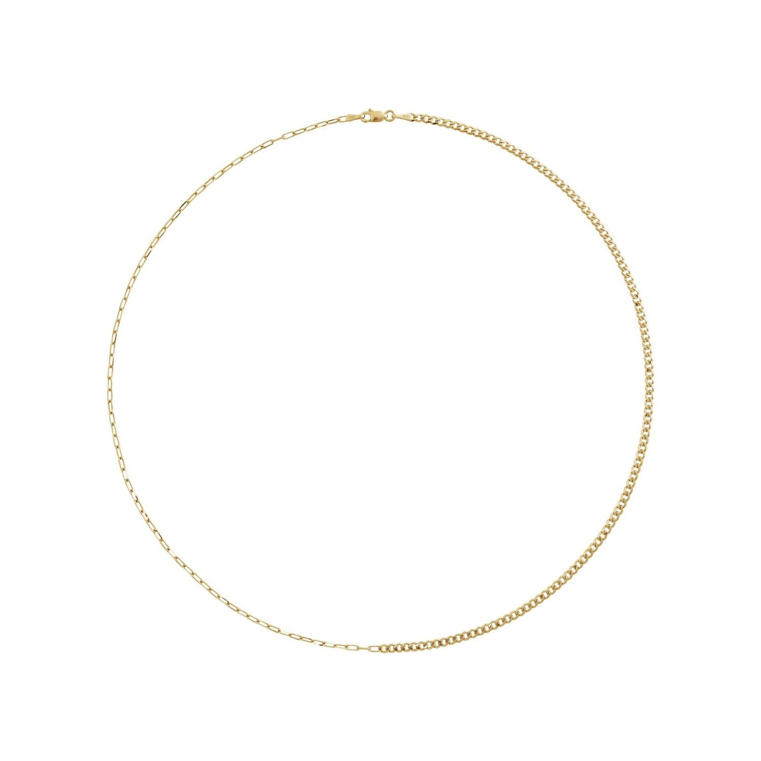 14K Yellow Gold 2.7 mm curb and paperclip chain necklace, full length shown with the curb run on one side and the paperclip run on the other