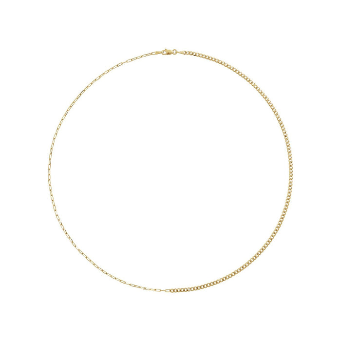 14K Yellow Gold 2.7 mm curb and paperclip chain necklace, full length shown with the curb run on one side and the paperclip run on the other