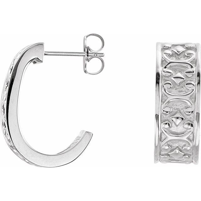 patterned j-hoop gold earrings in 14k white gold