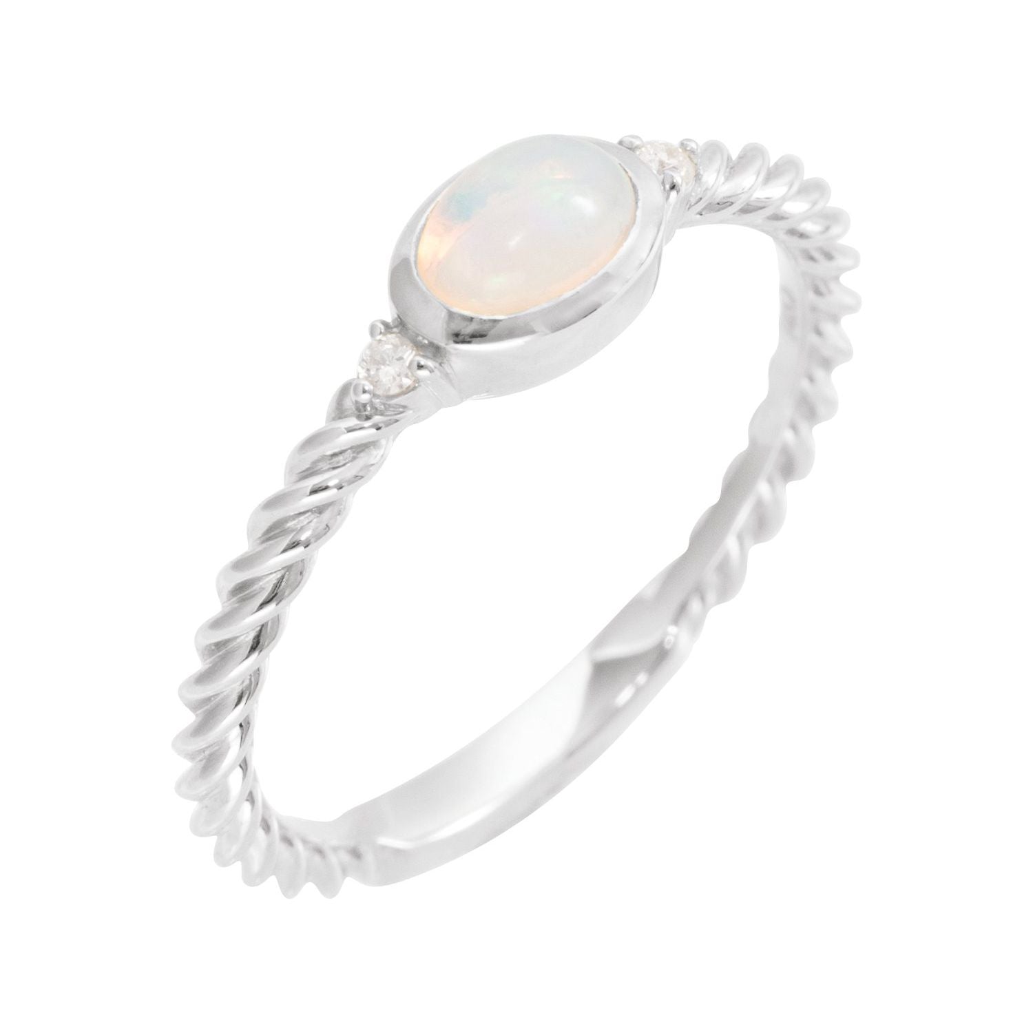 Opal & Diamond Cabochon Ring in 14K White Gold - natural opal