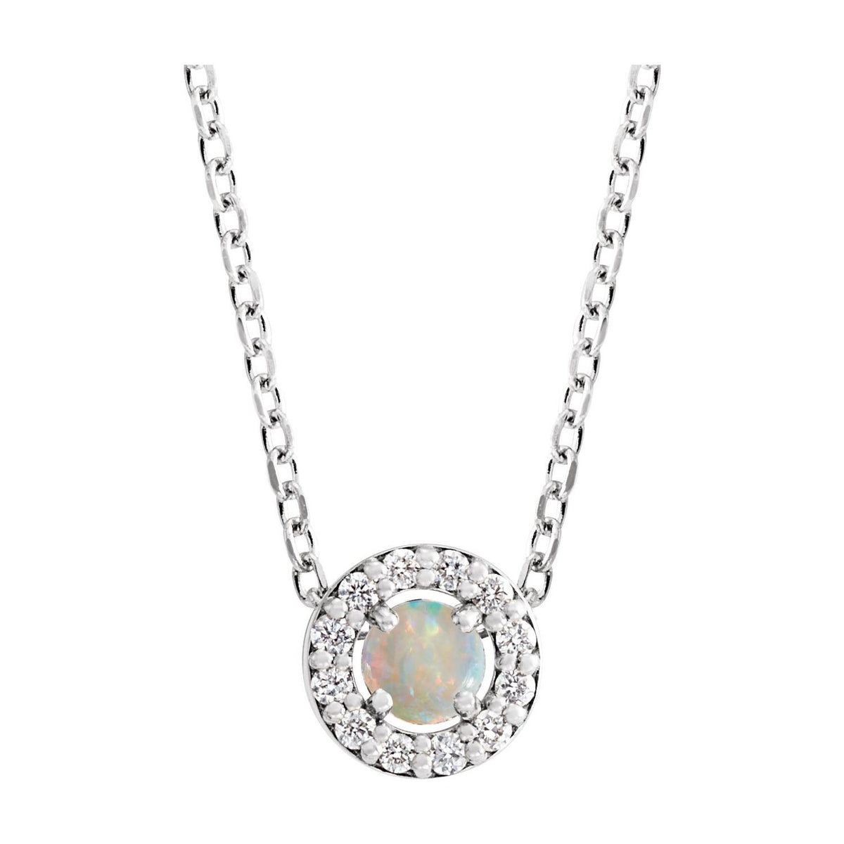 opal cabochon and diamond halo pendant, 14K White Gold