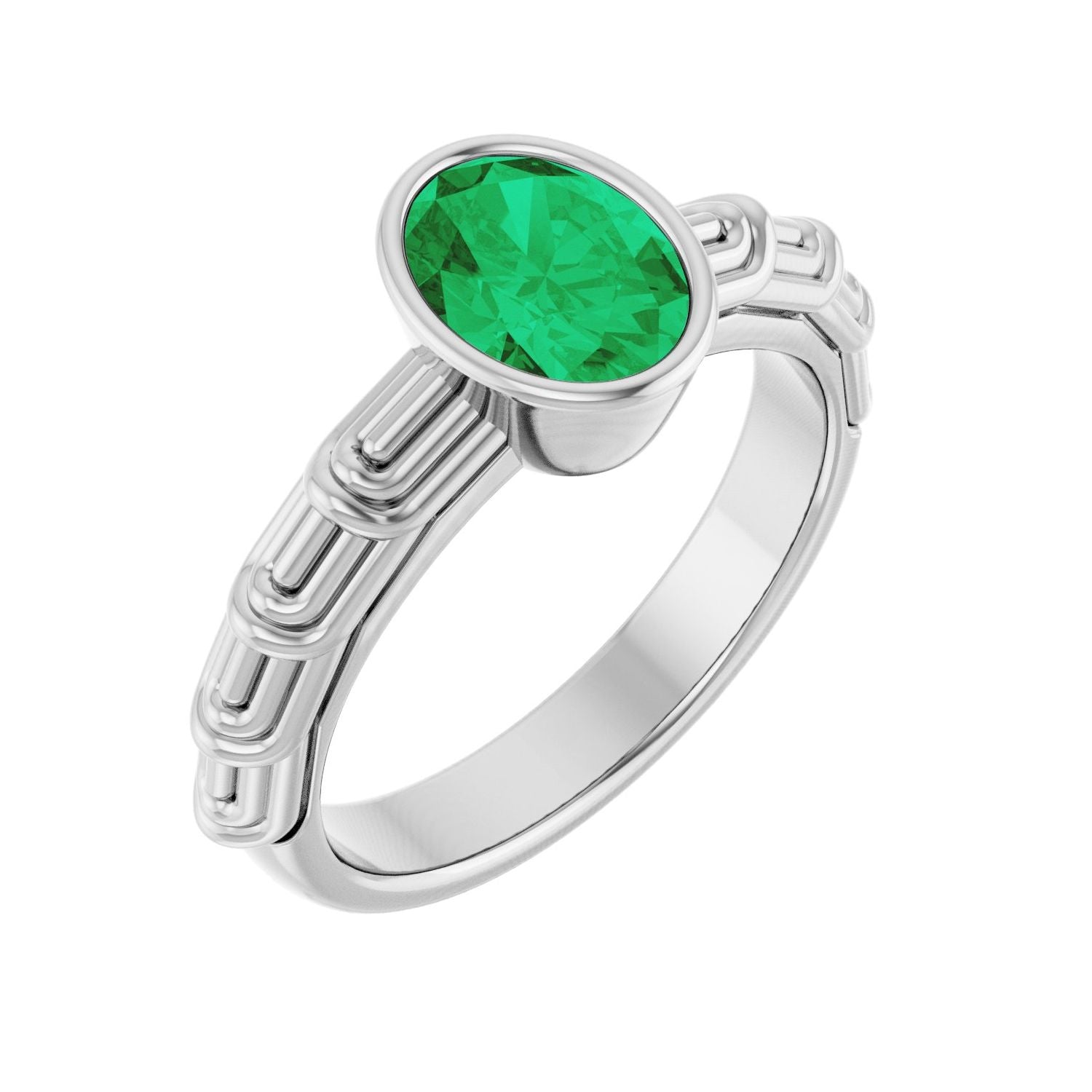 Oval Emerald Bezel-Set Petite Engagement Ring in 14K White Gold