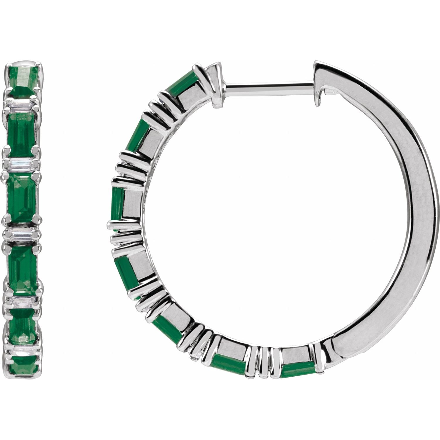 14K White Gold baguette natural emerald hoop earrings