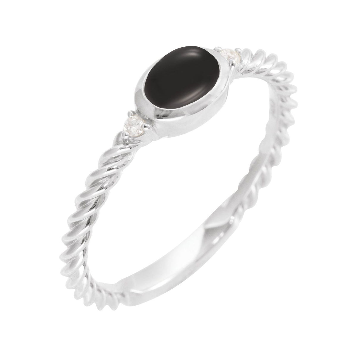 Black Onyx & Diamond Rope Ring in 14K White Gold - natural black onyx