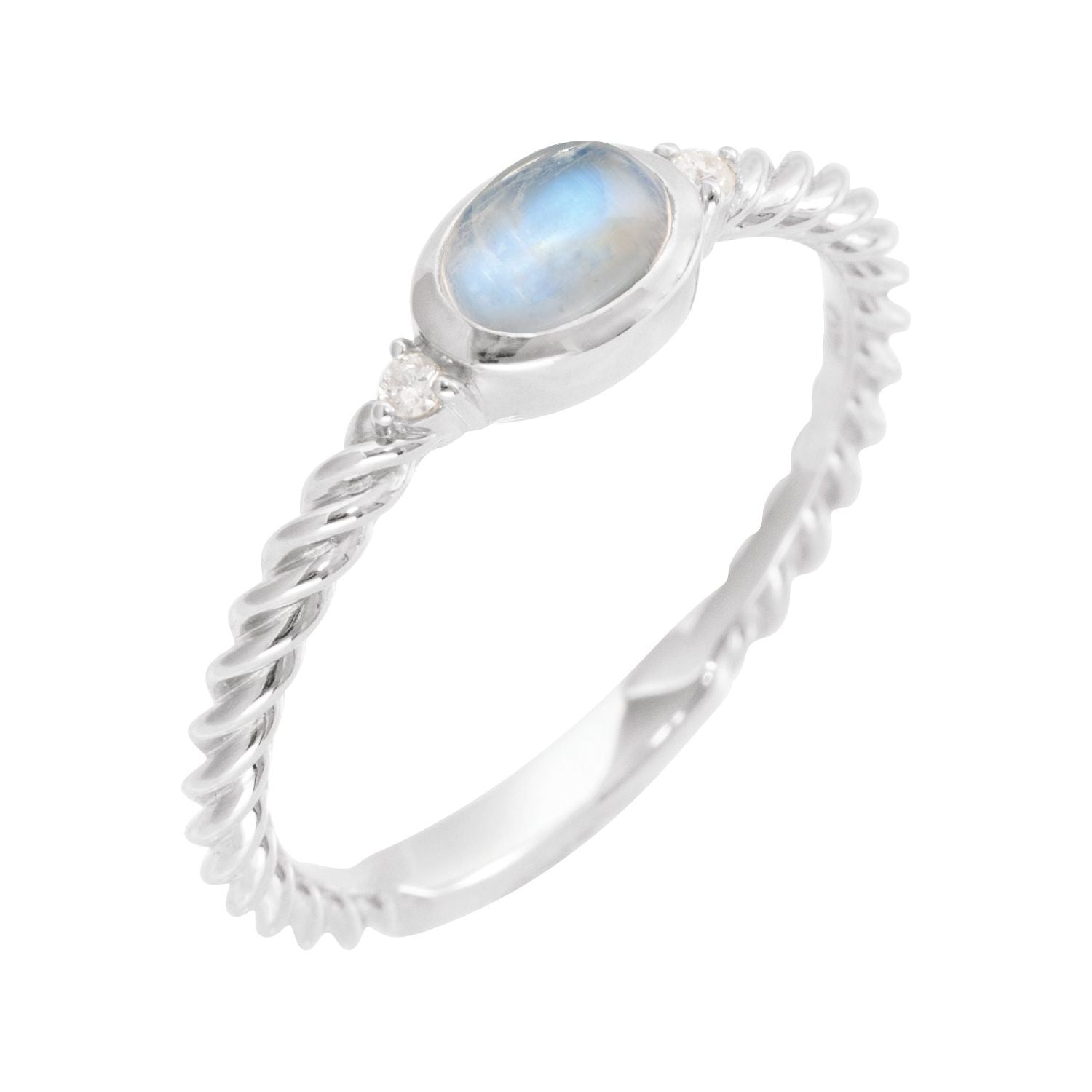 Rainbow Moonstone & Diamond Rope Ring in 14K White Gold - natural rainbow moonstone
