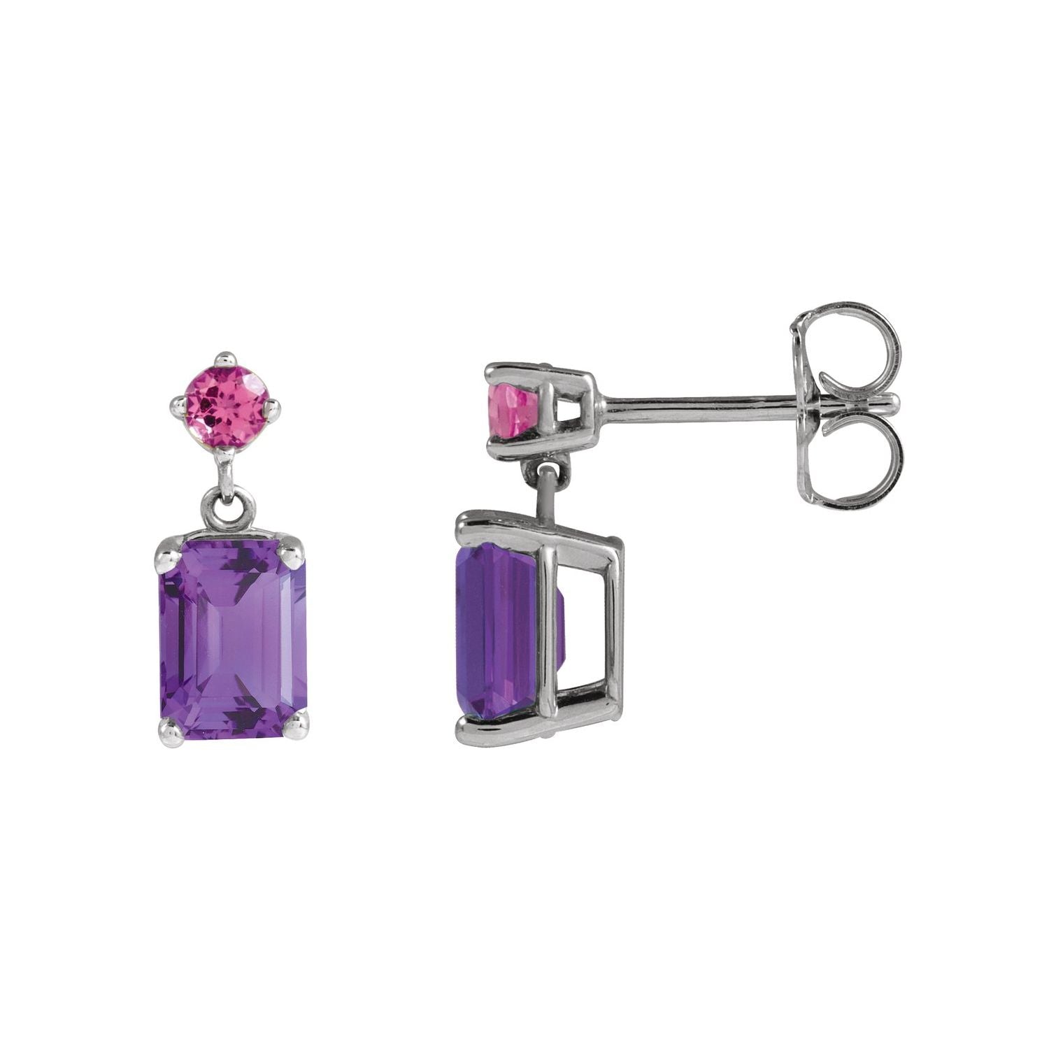 14K White Gold natural amethyst and pink tourmaline drop earrings