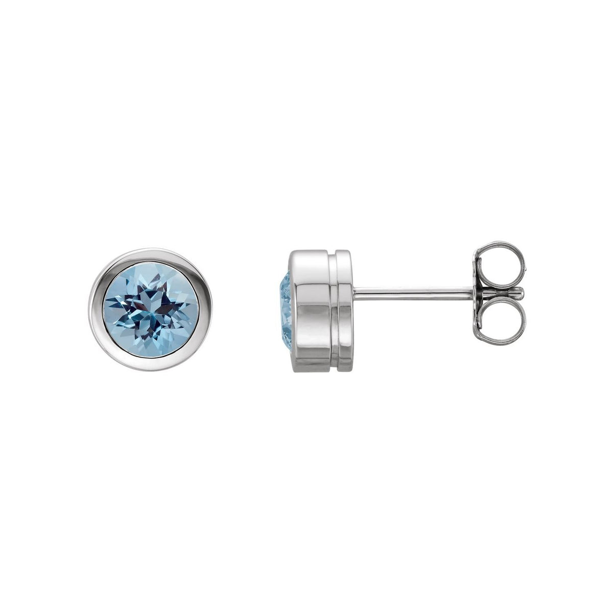 14K White Gold aquamarine round bezel-set earrings
