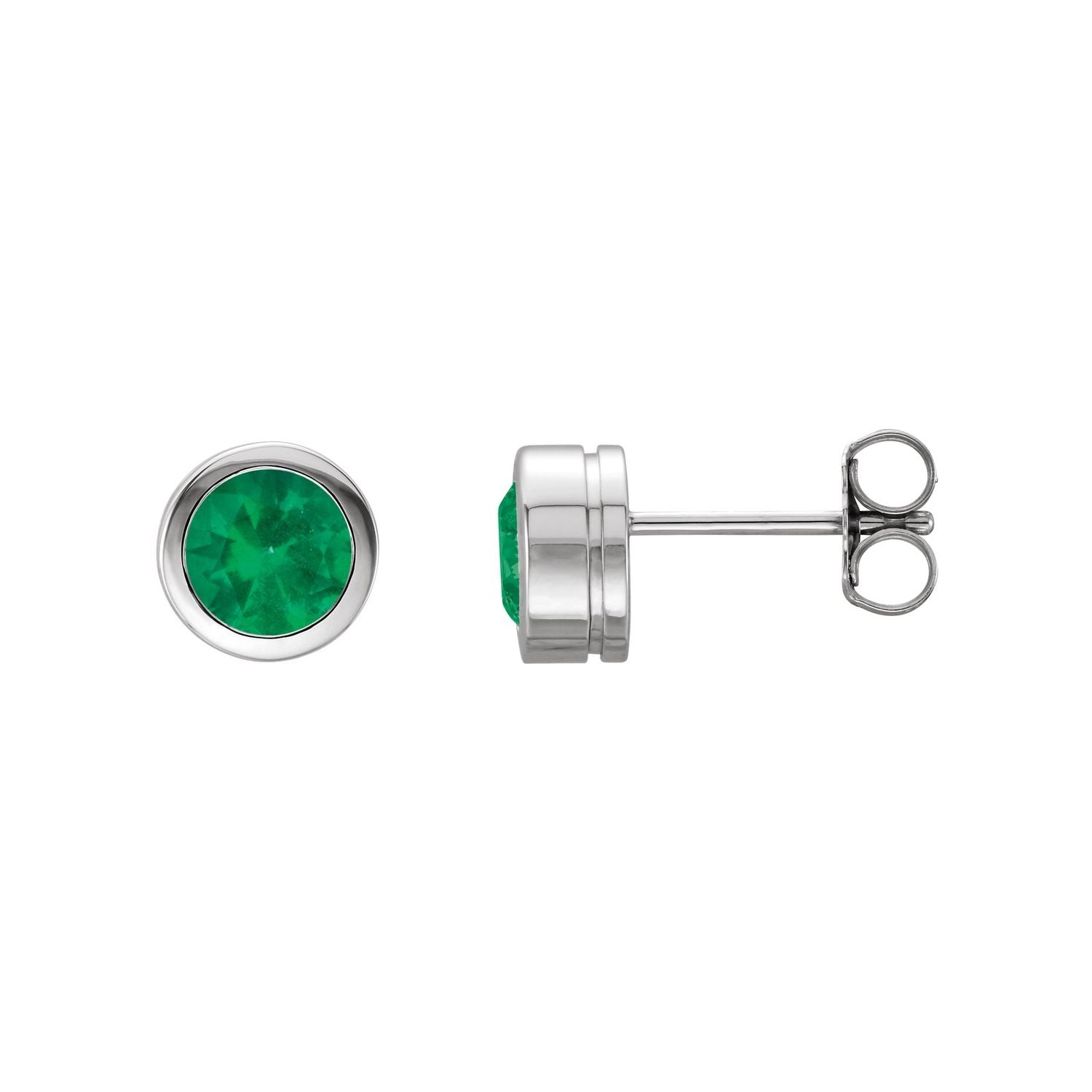 14K White Gold bezel-set round natural emerald stud earrings