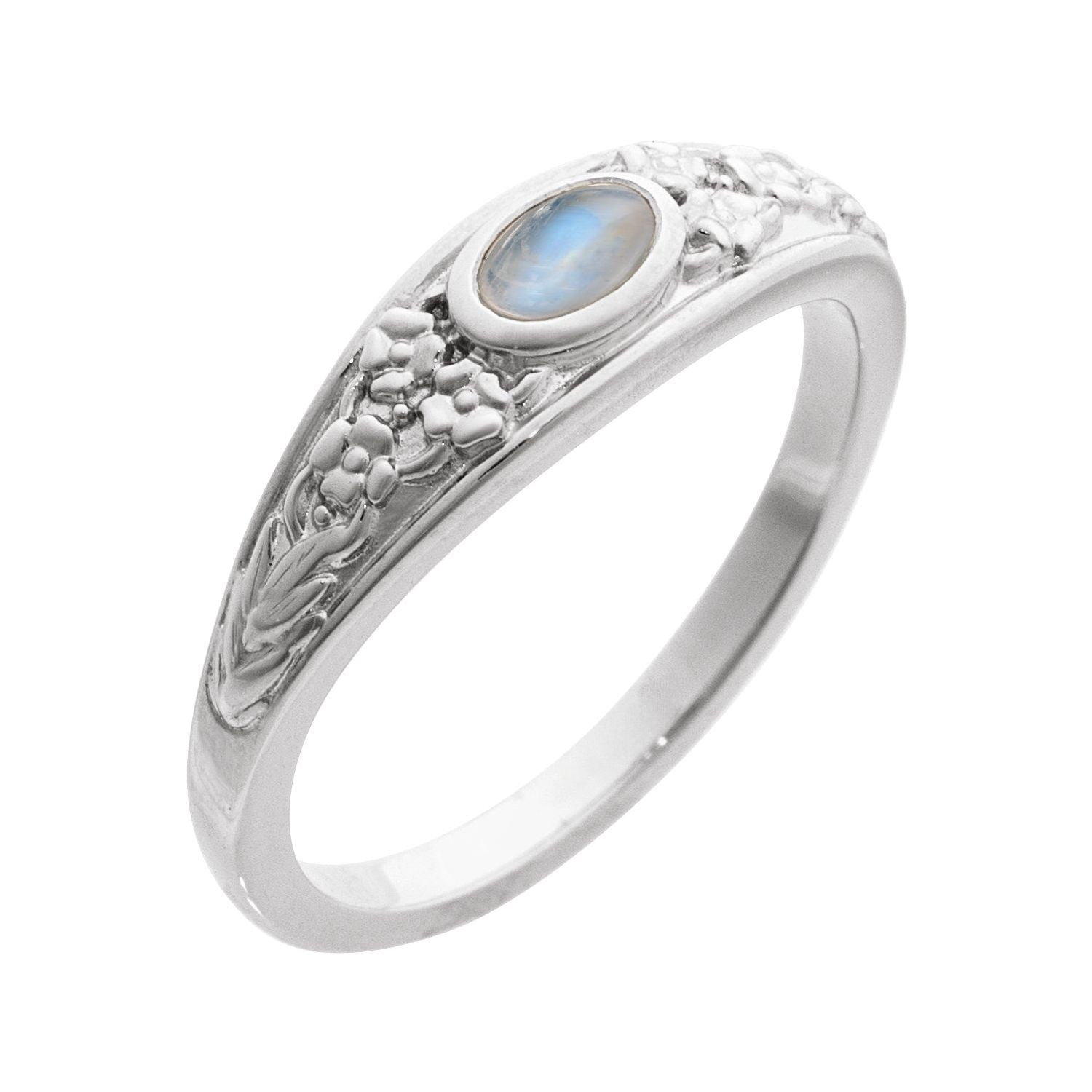 Moonstone Floral Cabochon Ring in 14K White Gold - natural moonstone