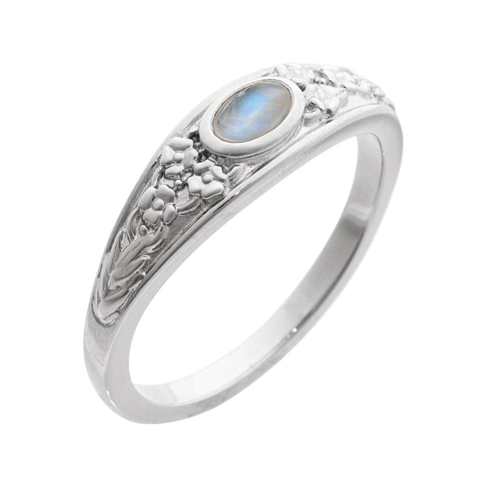 Moonstone Floral Cabochon Ring in 14K White Gold - natural moonstone